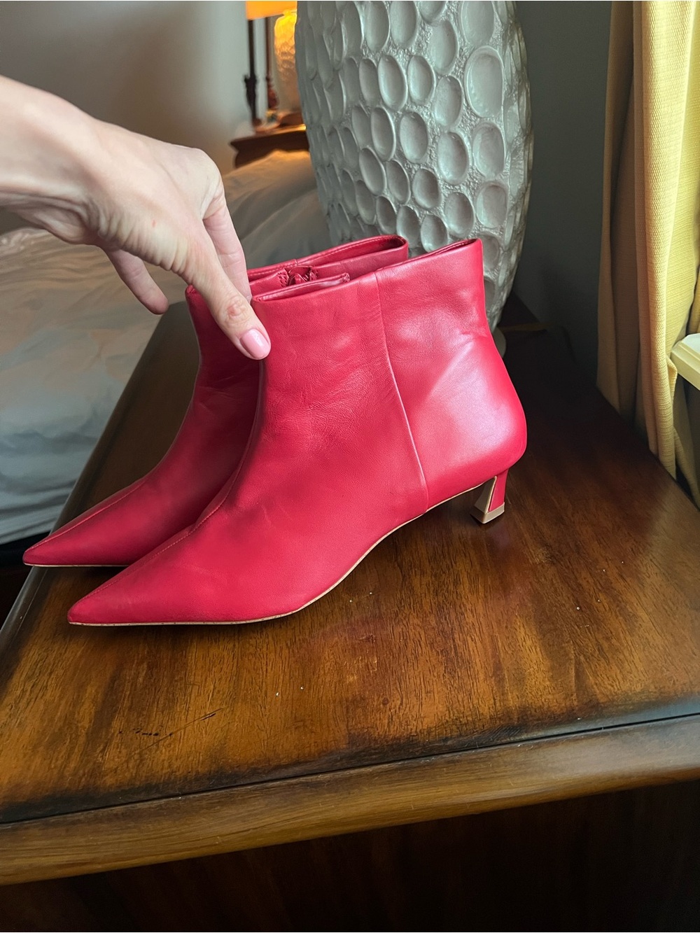 Gianni Bini Red Pointed Toe Ankle Boots with Metallic Block Heel